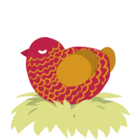 A crimson and ochre chicken with a lace pattern