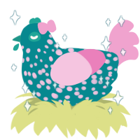 Sparkle, a teal and pink chicken with a speckle pattern