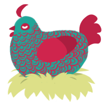 I like him, a turquoise and crimson chicken with a double-lace pattern