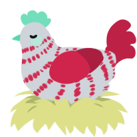 Mint, a mist and crimson chicken with a bar pattern