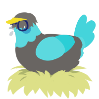 Dust, a grey and aqua chicken with a head pattern