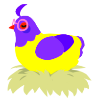 A yellow and blurple chicken with a head pattern