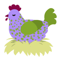 A lilac and chartreuse chicken with a speckle pattern