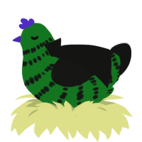Wicked Witch, a leaf and black chicken with a bar pattern