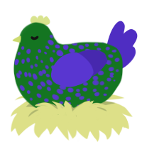 Peacock, a leaf and indigo chicken with a speckle pattern