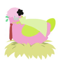Zhen, a pink and lime chicken with a neck-speckle pattern