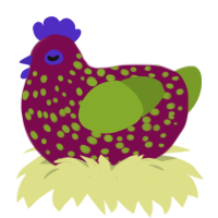 A wine and chartreuse chicken with a speckle pattern