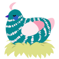 A teal and rose chicken with a bar pattern