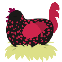 rolled in powder, a sable and crimson chicken with a speckle pattern