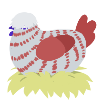 rusty bike, a mist and red chicken with a bar pattern