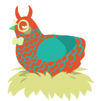 SIRACHA, a vermilion and turquoise chicken with a lace pattern