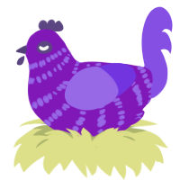 A violet and blurple chicken with a bar pattern