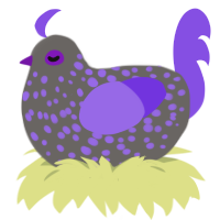 Psychic Golem, a grey and blurple chicken with a speckle pattern