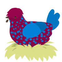 A maroon and sapphire chicken with a speckle pattern