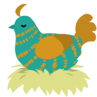 Gilded, a turquoise and ochre chicken with a bar pattern
