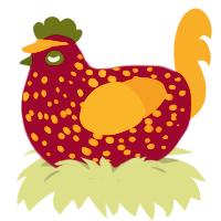 A maroon and orange chicken with a speckle pattern