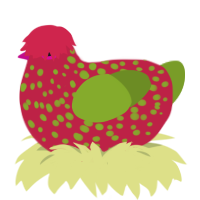 Tomato on the Vine, a crimson and chartreuse chicken with a speckle pattern