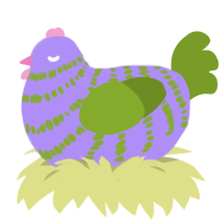 A lilac and chartreuse chicken with a bar pattern