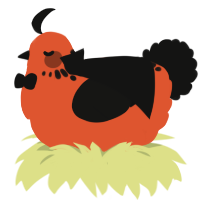 Sus Orange, a vermilion and black chicken with a neck-speckle pattern