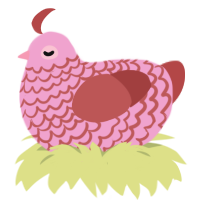 Hilda, a pink and red chicken with a lace pattern