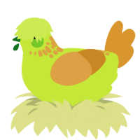Gak, a lime and orange chicken with a neck-speckle pattern