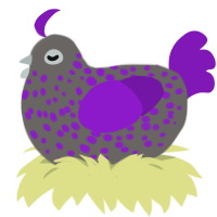 A grey and violet chicken with a speckle pattern