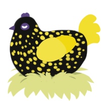 Bee, a black and yellow chicken with a speckle pattern