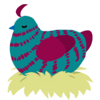 A teal and maroon chicken with a bar pattern