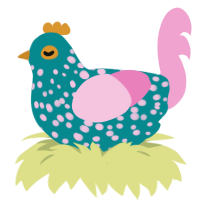 Spekle, a teal and pink chicken with a speckle pattern