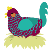A maroon and turquoise chicken with a lace pattern