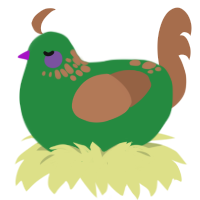 A viridian and brown chicken with a neck-speckle pattern