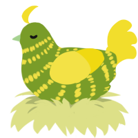 A chartreuse and yellow chicken with a bar pattern