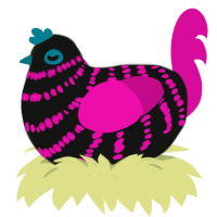 uno, a black and fuchsia chicken with a bar pattern