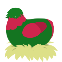Watermelon, a leaf and crimson chicken with a head pattern