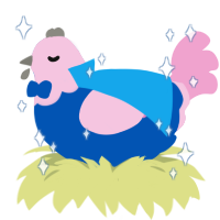 Arno, a ultramarine and pink chicken with a head pattern