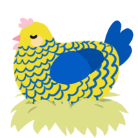 Palmtree Panic, a yellow and ultramarine chicken with a lace pattern