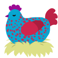 Fruit Bird, a cerulean and crimson chicken with a speckle pattern