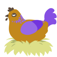 A ochre and blurple chicken with a neck-speckle pattern