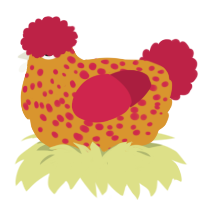 Fluffy, a orange and crimson chicken with a speckle pattern