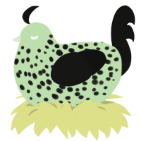 A gluppy and black chicken with a speckle pattern