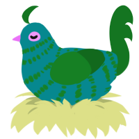 Relish Cousins Chick, a teal and leaf chicken with a bar pattern