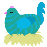 A turquoise and cerulean chicken with a bar pattern