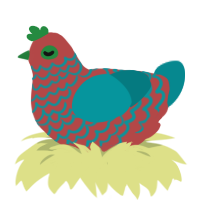 A red and teal chicken with a lace pattern