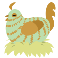 lemon pie, a gluppy and gold chicken with a bar pattern