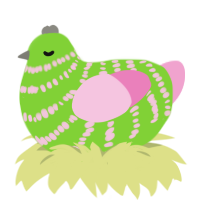 Spring, a grass and pink chicken with a bar pattern