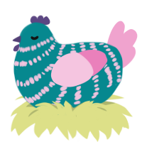 A teal and pink chicken with a bar pattern