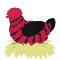 A crimson and black chicken with a bar pattern