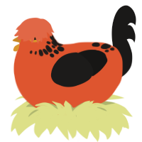 A vermilion and sable chicken with a neck-speckle pattern
