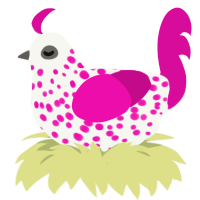 Speckle, a white and fuchsia chicken with a speckle pattern
