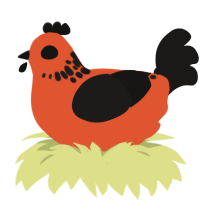 IS THAT THE BITE OF-, a vermilion and sable chicken with a neck-speckle pattern